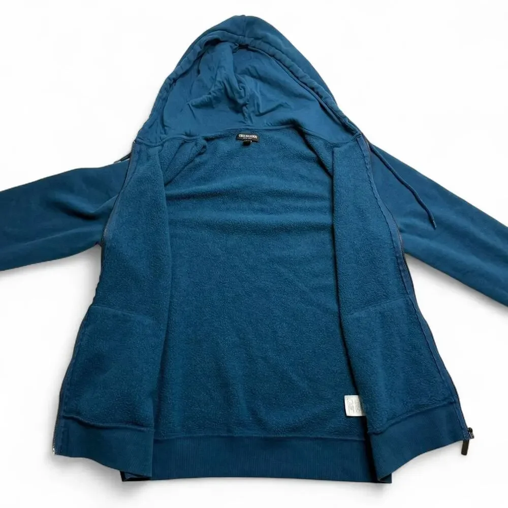 True Religion Blue Zip Hoodie Graphic Logo Sweatshirt Mens Medium
